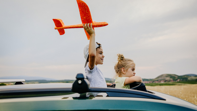 airplane behind car steering wheel