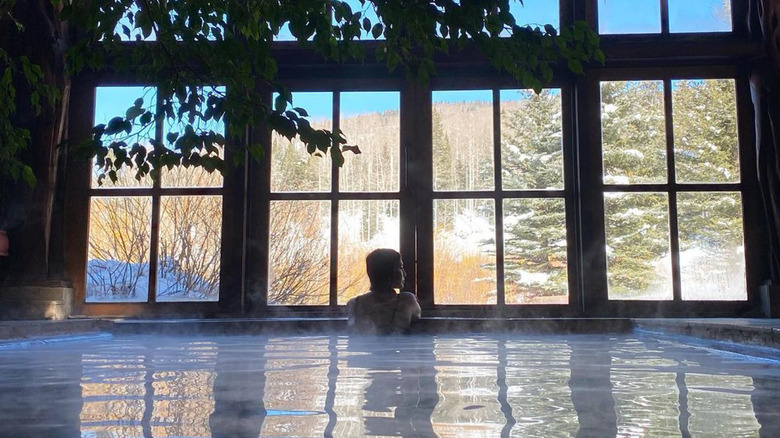 Woman in indoor hot spring