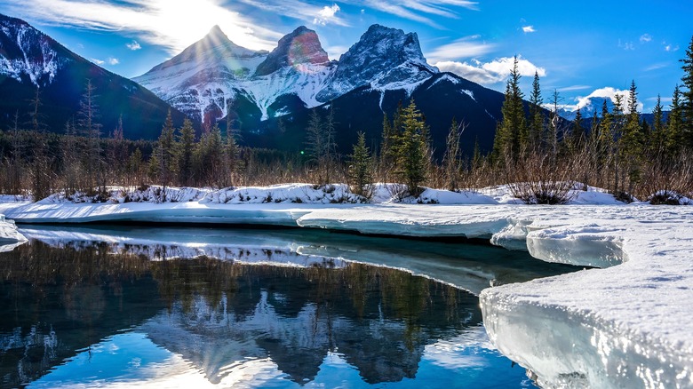 snow covered mountain and lake