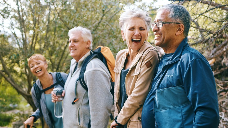 Elderly friends hiking