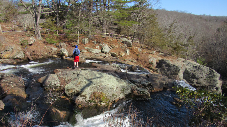 person standing on rock on river