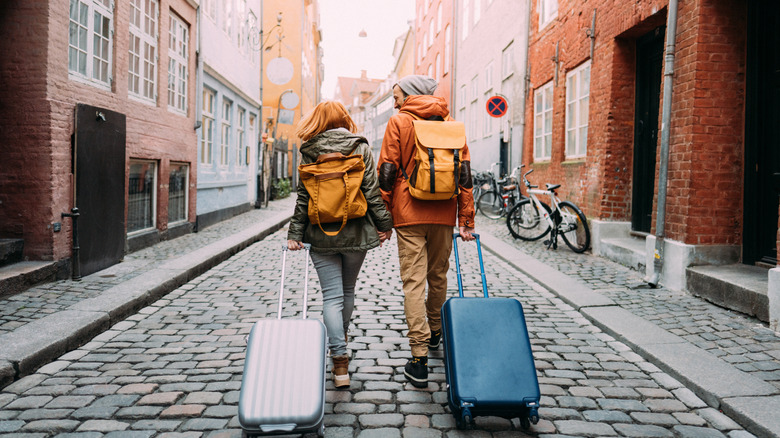 Couple walking with suitcases